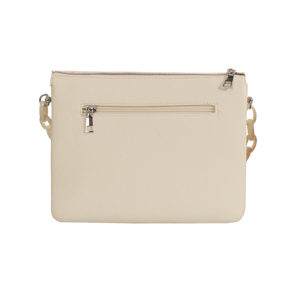 Back of white leather crossbody bag against white background