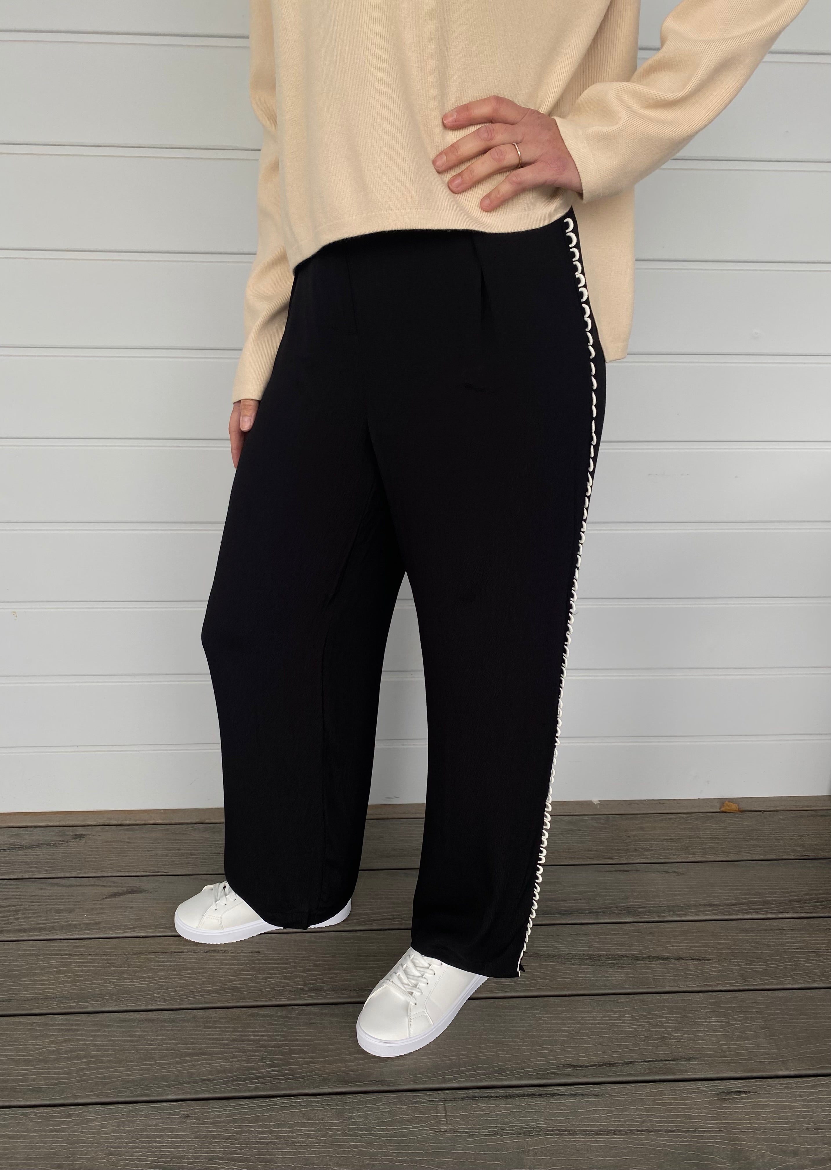 Black Lightweight Pant Viscose Rayon White Trim Detail Full Length Relaxed Fit