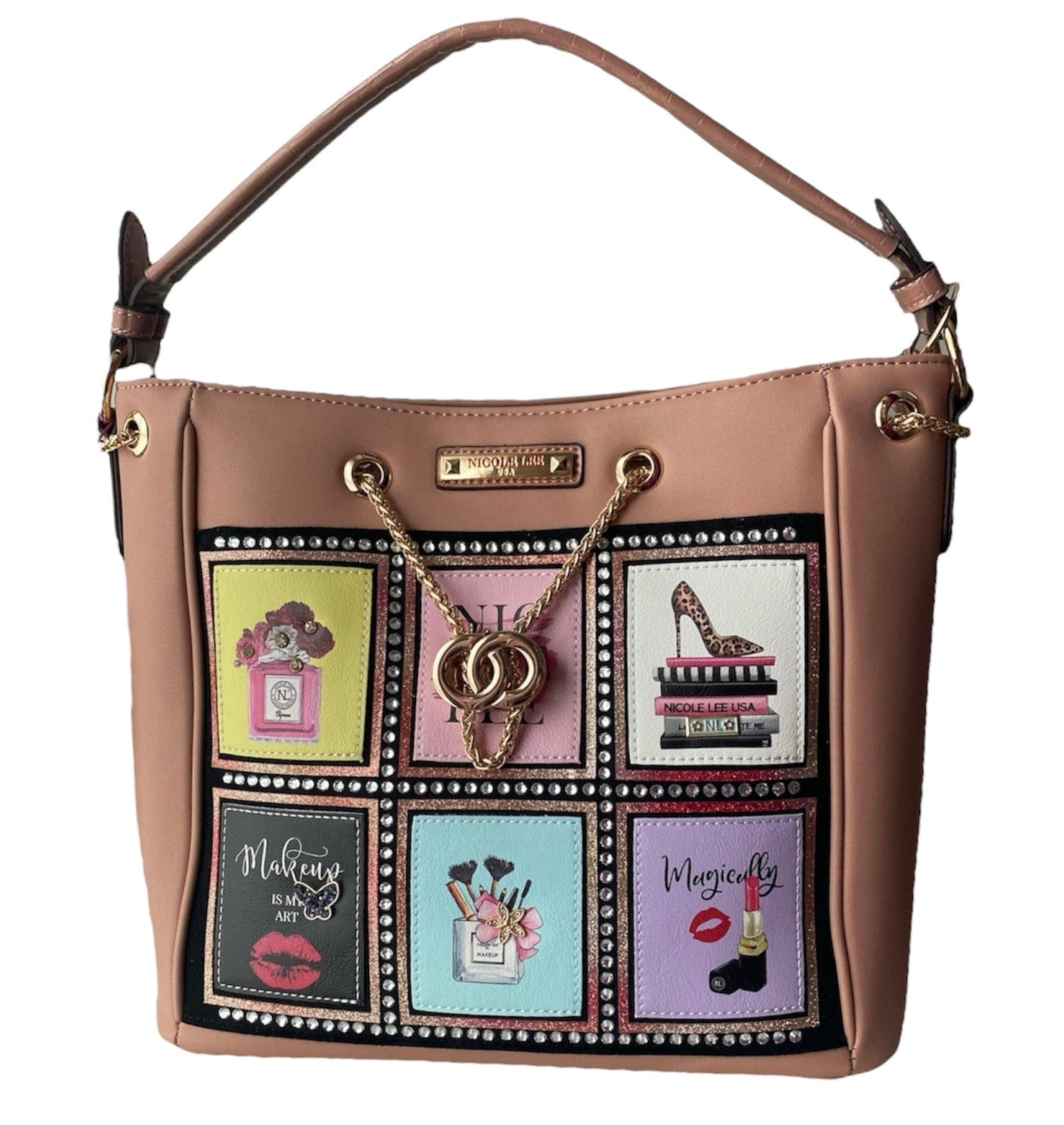 A stylish handbag featuring an artistic image of a woman shoe and makeup items, showcasing elegance and personal expression.