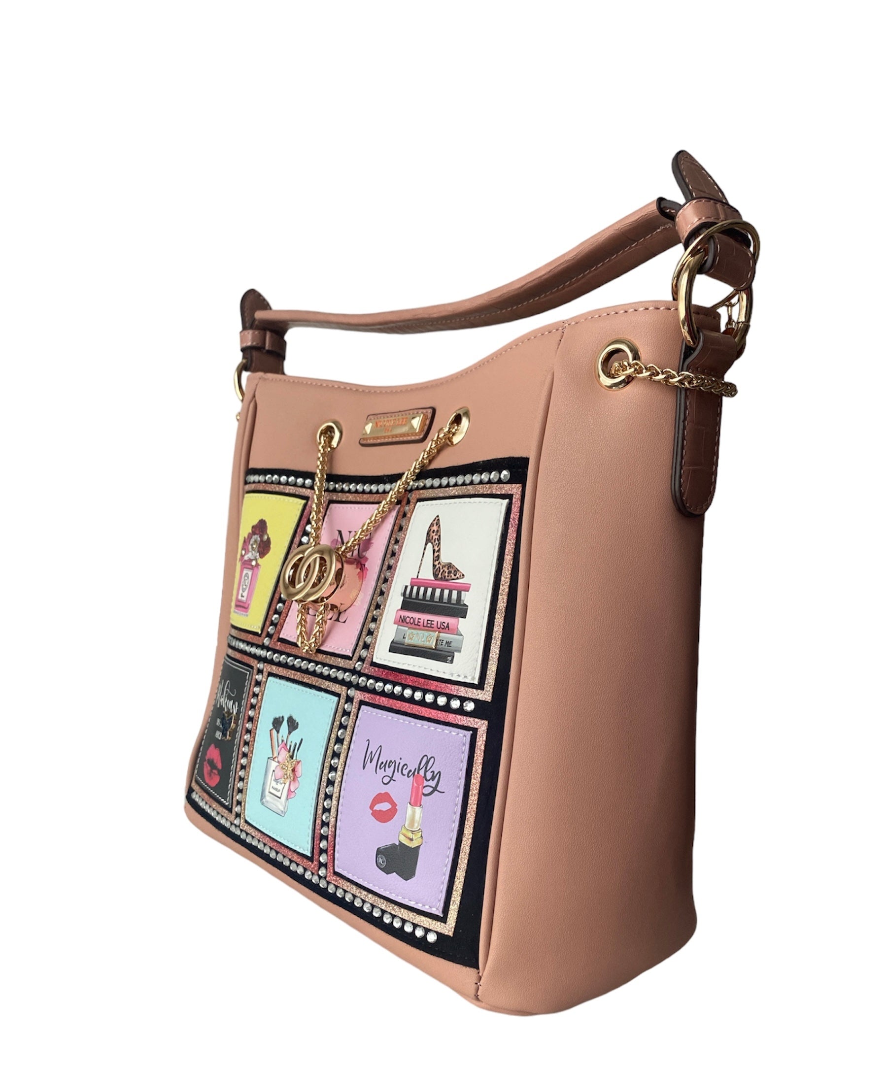 A stylish handbag featuring an artistic image of a woman shoe and makeup items, showcasing elegance and personal expression.