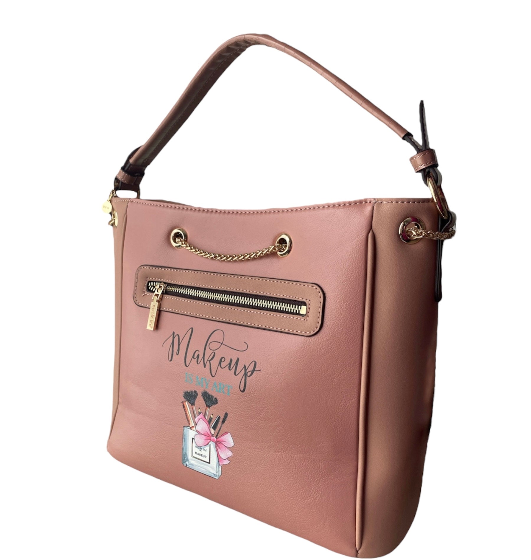 A stylish handbag featuring an artistic image of a woman shoe and makeup items, showcasing elegance and personal expression.
