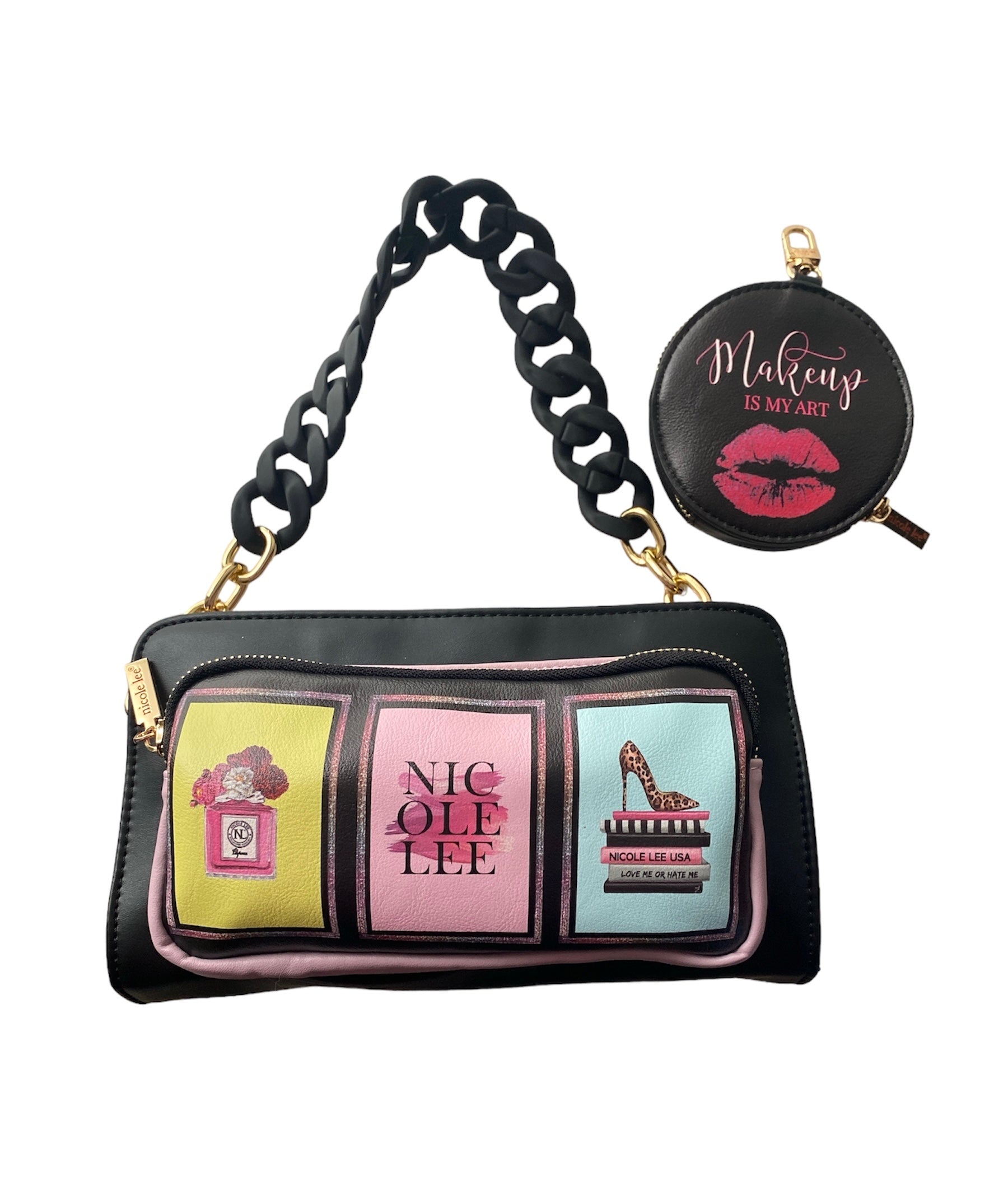 A stylish handbag featuring an artistic image of a woman makeup items, showcasing elegance and personal expression.