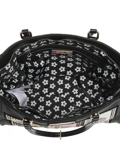 A stylish black handbag featuring an array of unique and colorful designs, showcasing creativity and fashion.