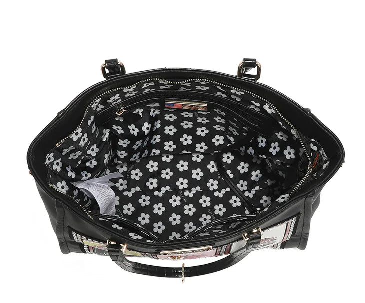 A stylish black handbag featuring an array of unique and colorful designs, showcasing creativity and fashion.