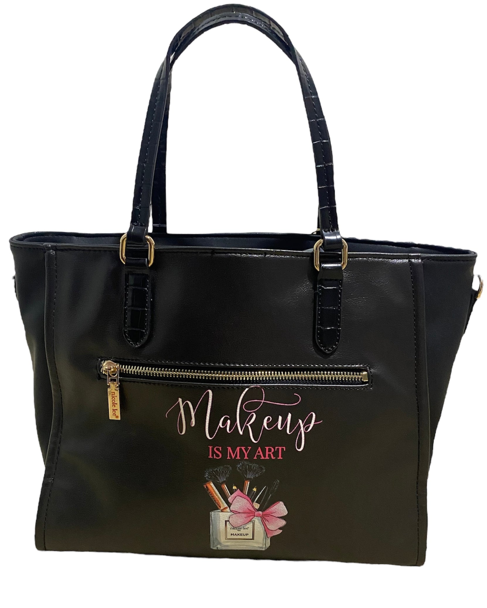 A stylish black handbag featuring an array of unique and colorful designs, showcasing creativity and fashion.