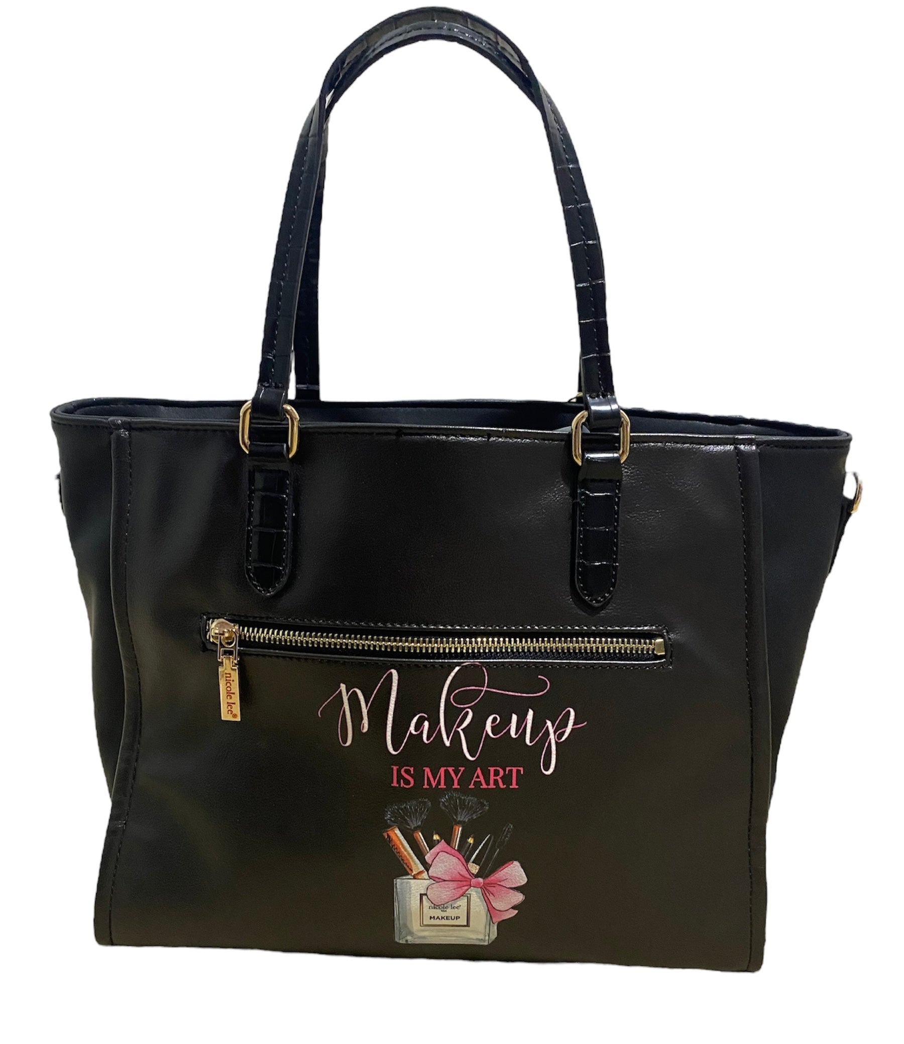 A stylish black handbag featuring an array of unique and colorful designs, showcasing creativity and fashion.