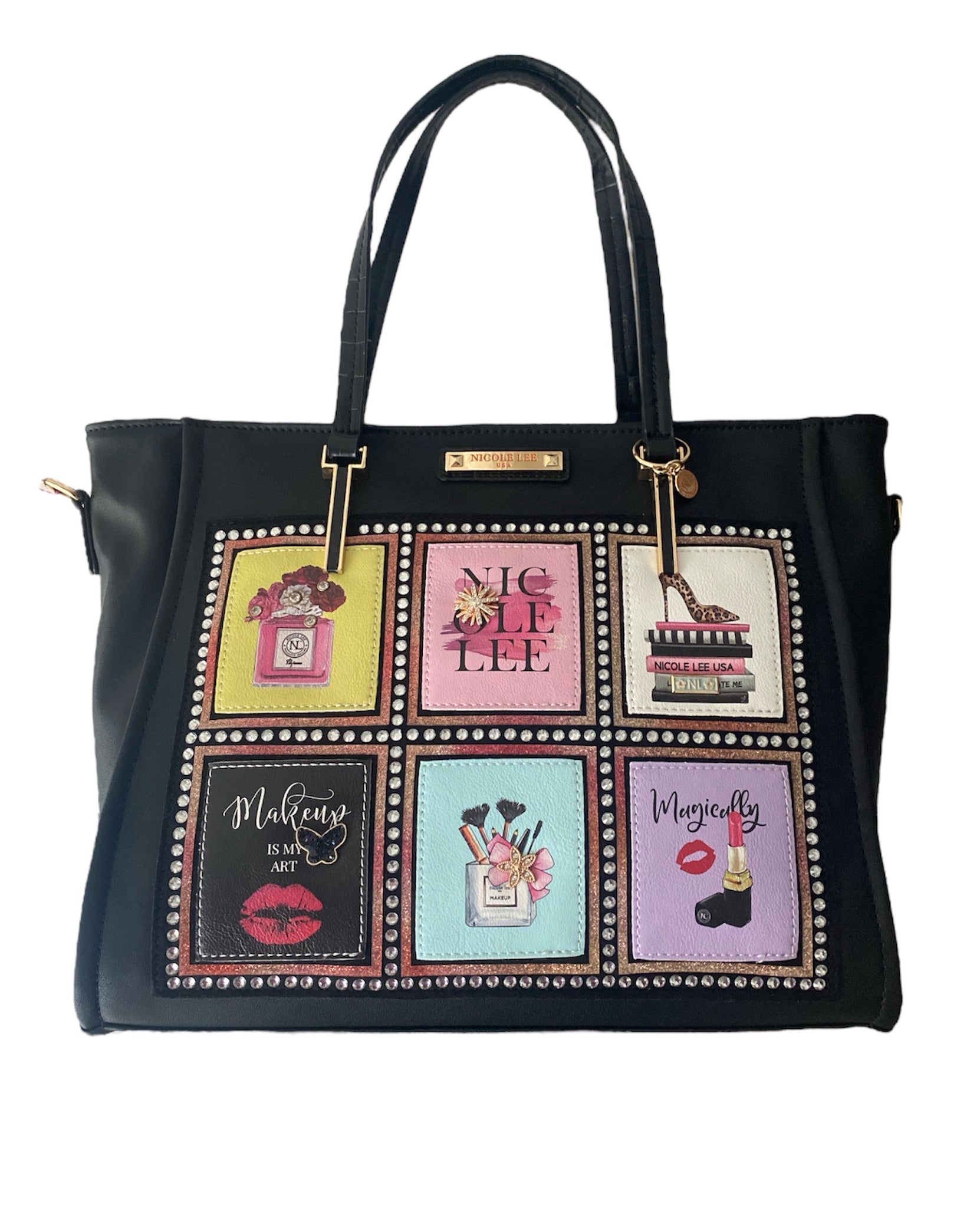 A stylish black handbag featuring an array of unique and colorful designs, showcasing creativity and fashion.
