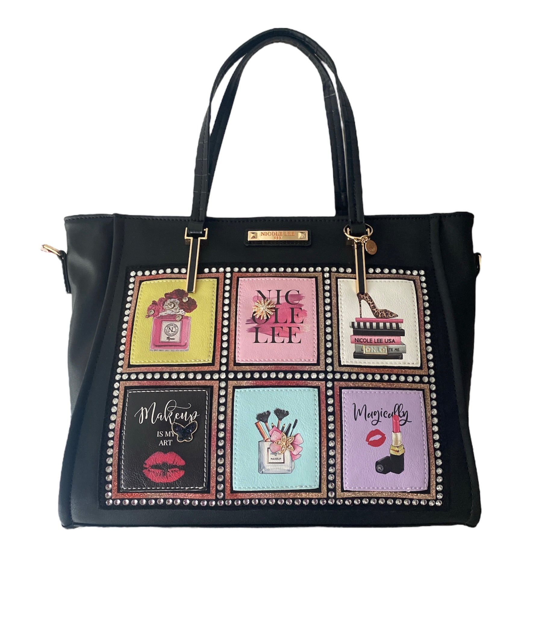 A stylish black handbag featuring an array of unique and colorful designs, showcasing creativity and fashion.