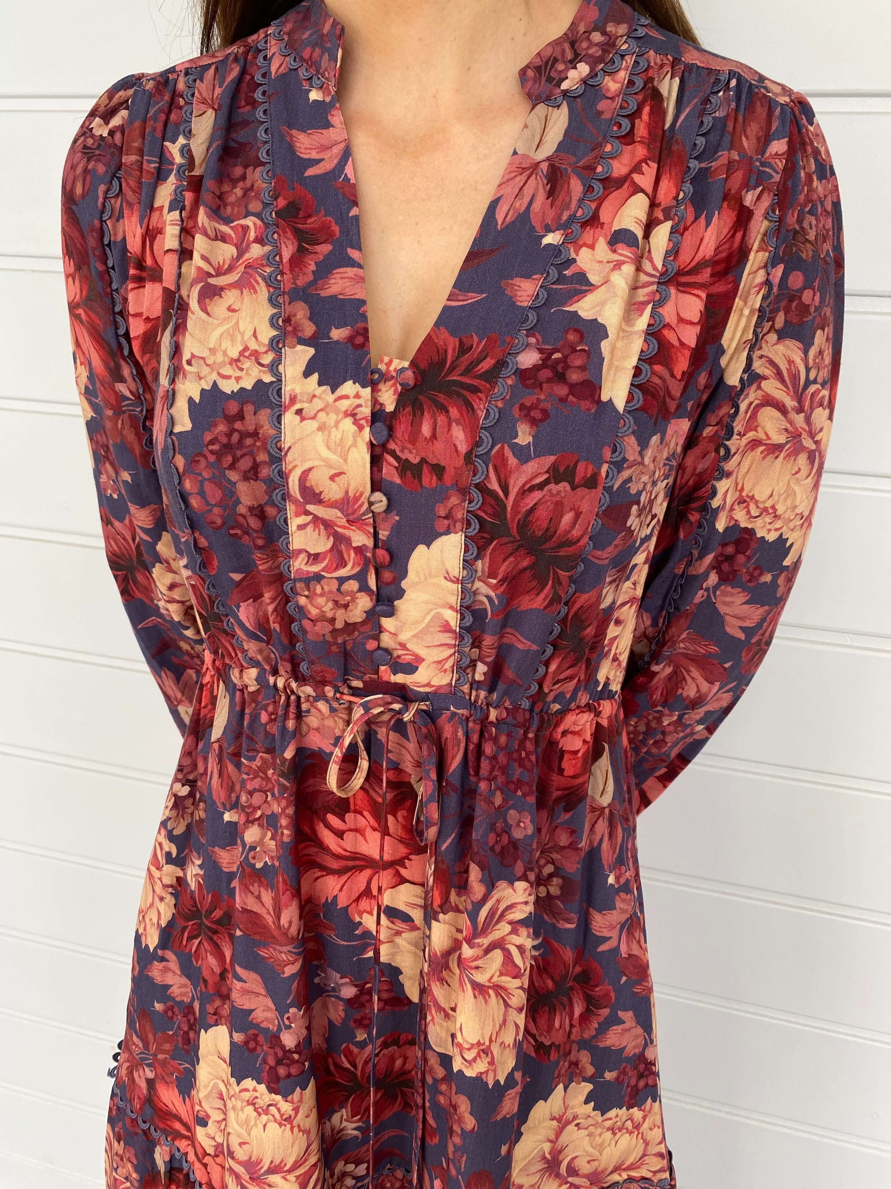 Long-sleeved floral print dress featuring a stylish V-neck design, perfect for various occasions.
