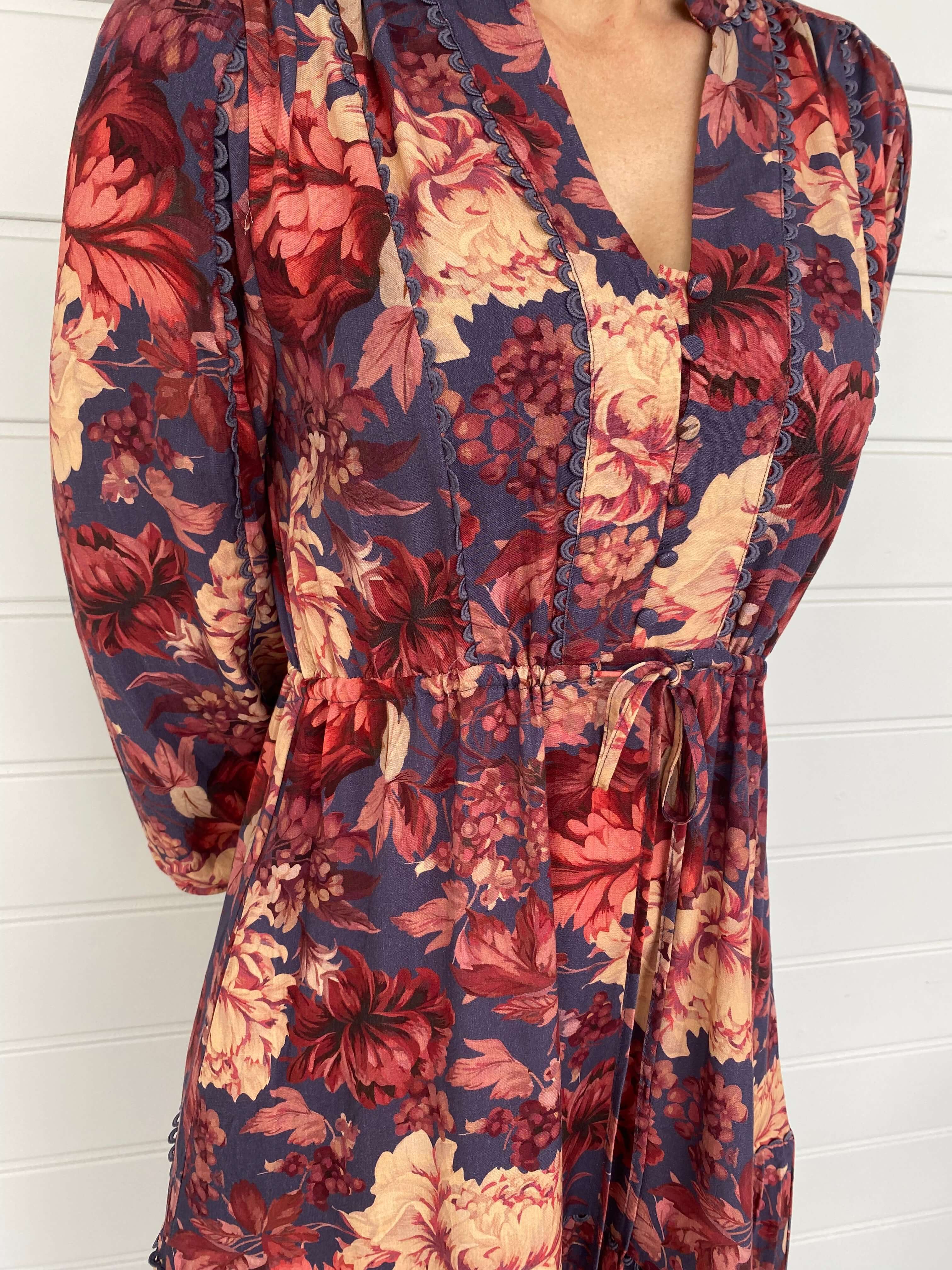 Floral Print Midi Dress Blue Navy Red Pink Yellow Lace Detail Long Sleeve Tired Drawstring Waist