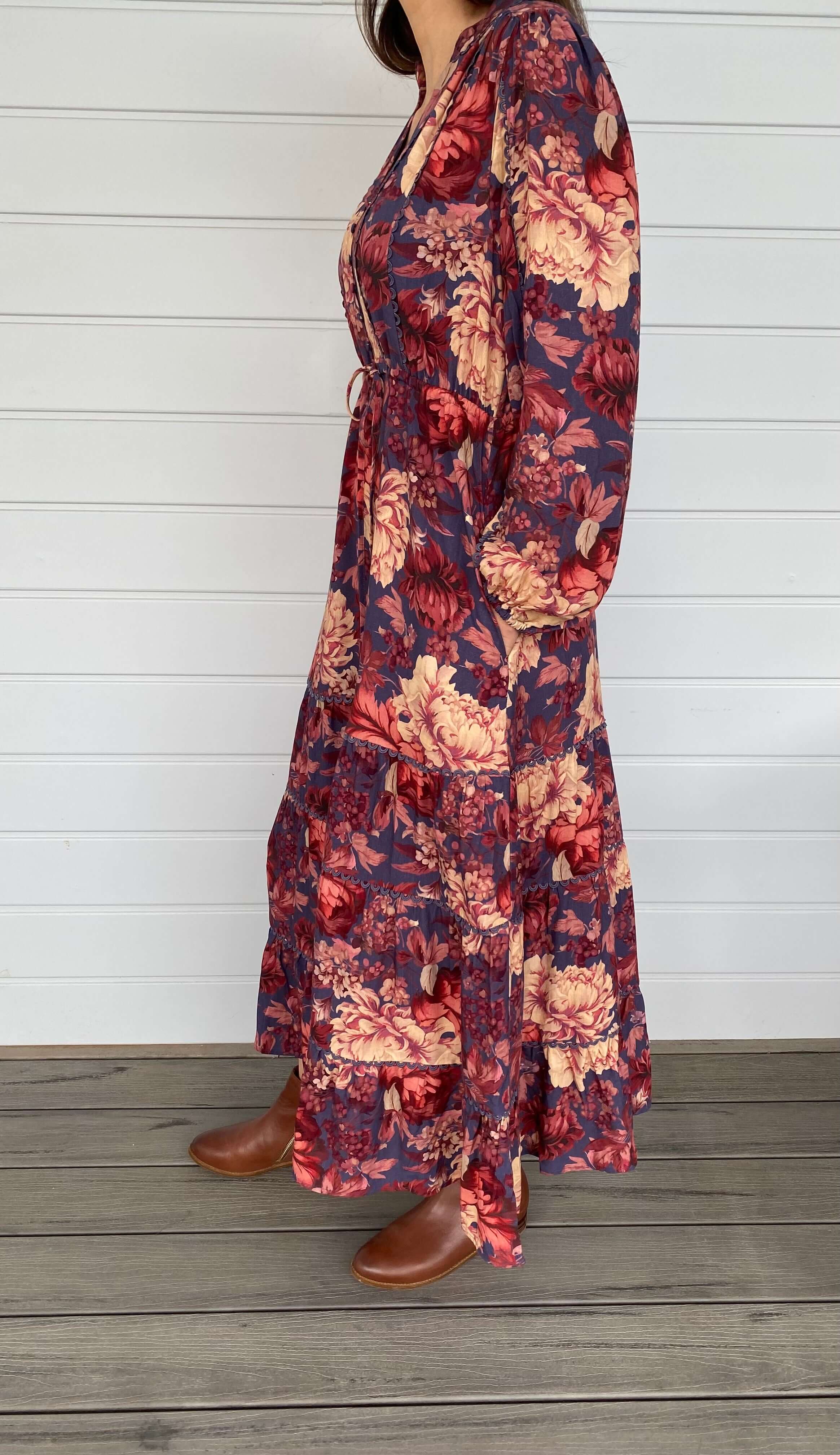 Floral Print Midi Dress Blue Navy Red Pink Yellow Lace Detail Long Sleeve Tired Drawstring Waist