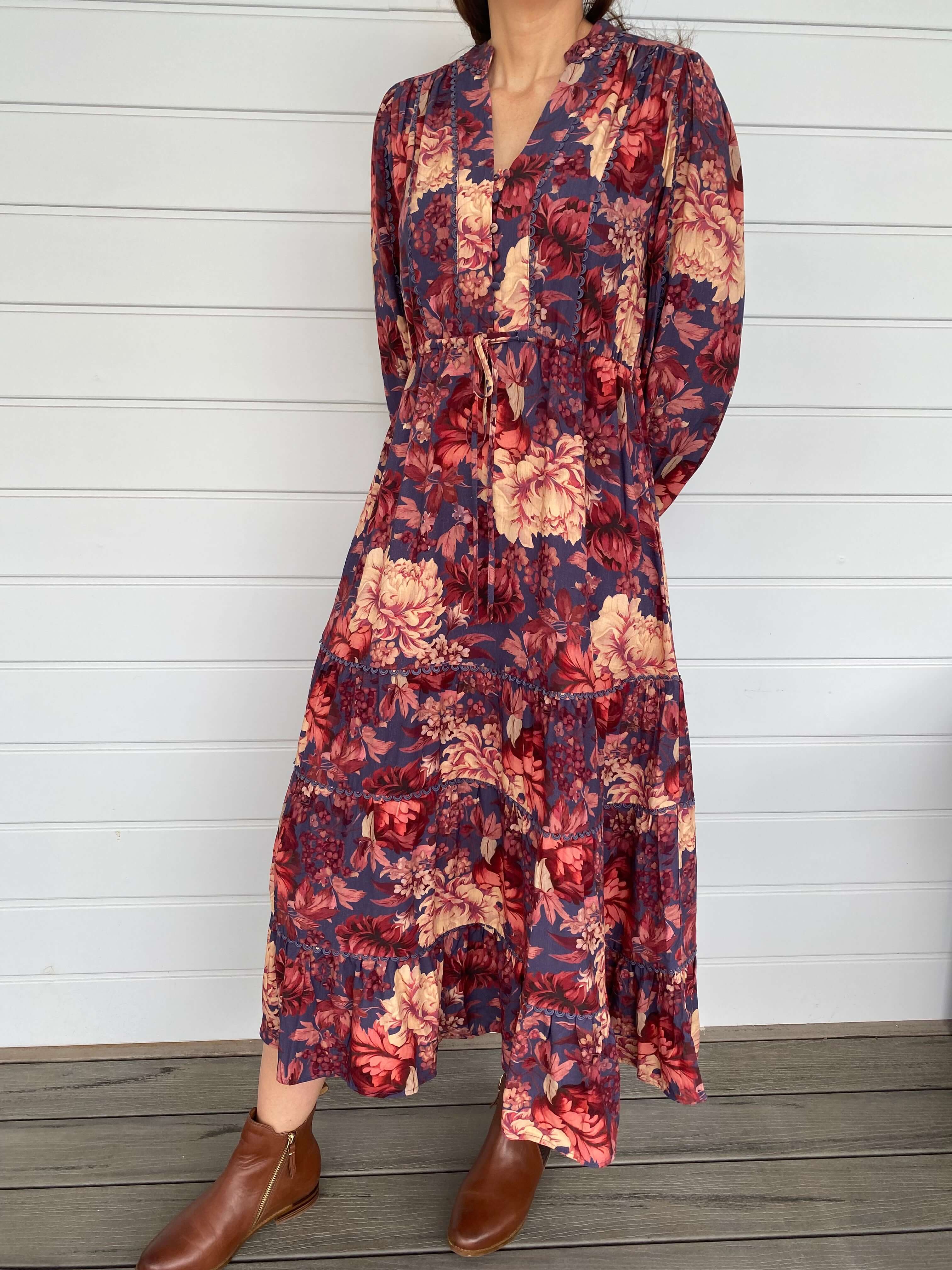 Floral Print Midi Dress Blue Navy Red Pink Yellow Lace Detail Long Sleeve Tired Drawstring Waist