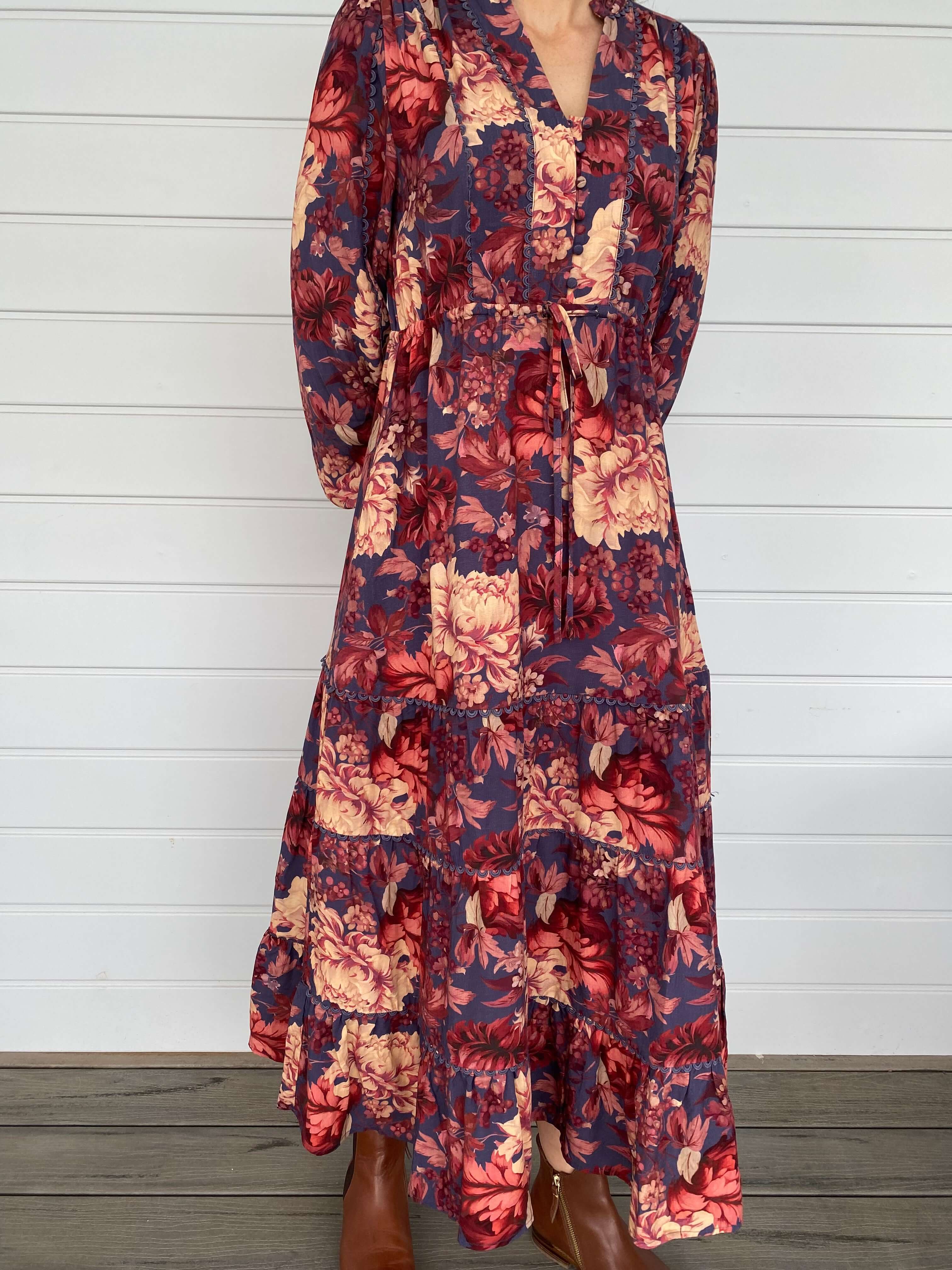 Floral Print Midi Dress Blue Navy Red Pink Yellow Lace Detail Long Sleeve Tired Drawstring Waist