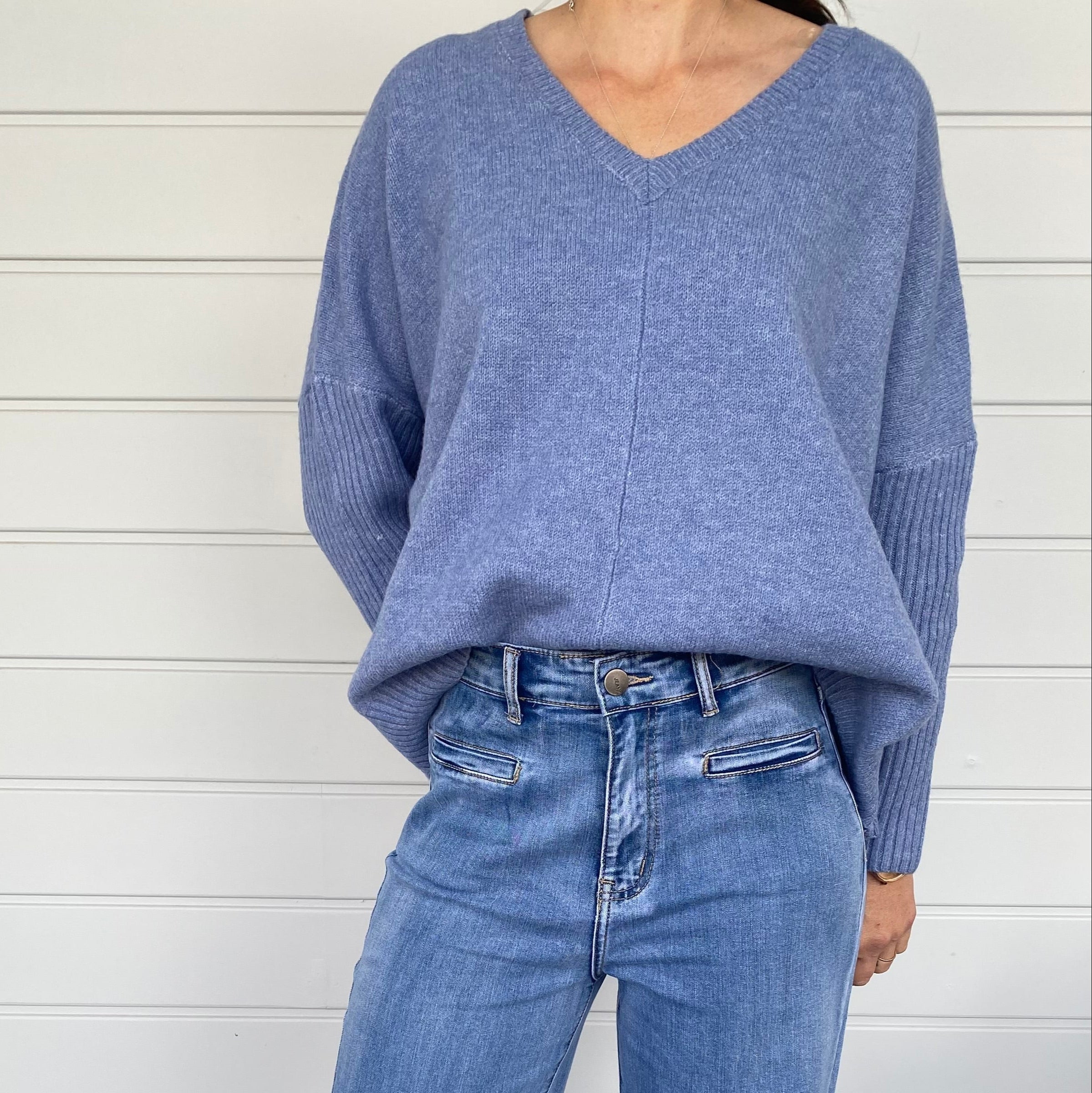 Blue soft knitwear oversized winter jumper V Neck Ribbed Sleeve