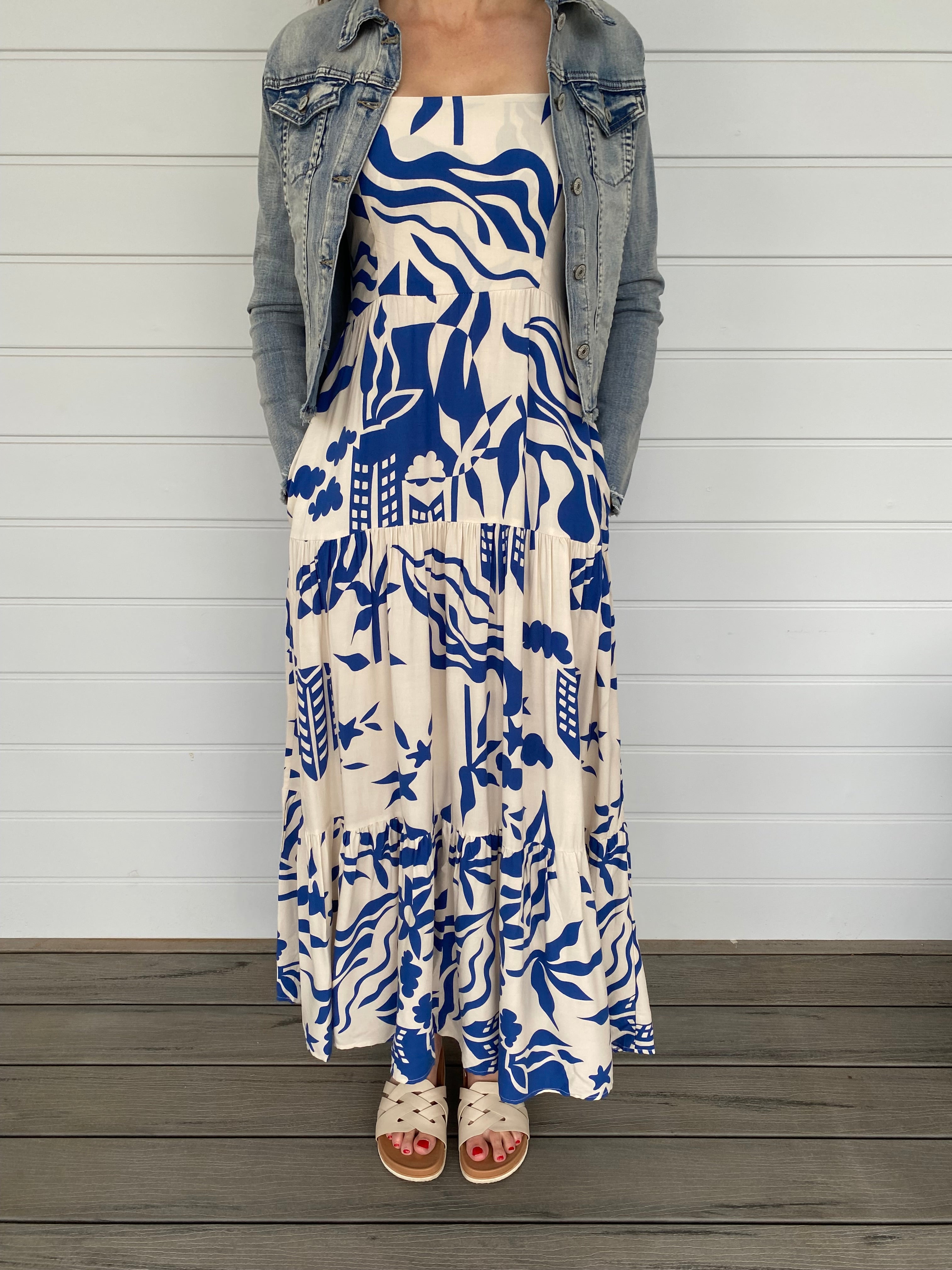 Blue White Maxi Dress Square Neckline Pockets Shoulder Straps