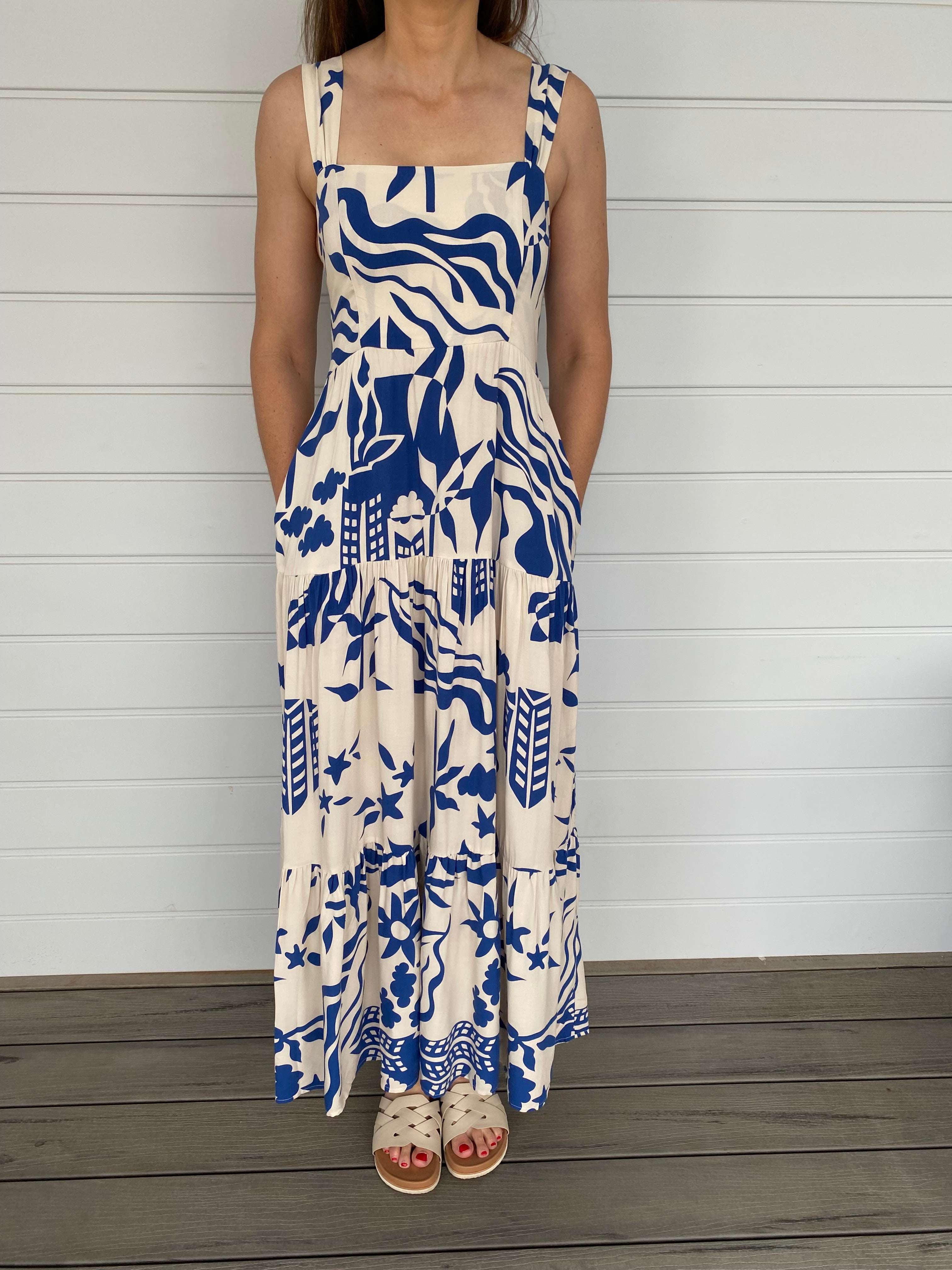 Blue White Maxi Dress Square Neckline Pockets Shoulder Straps