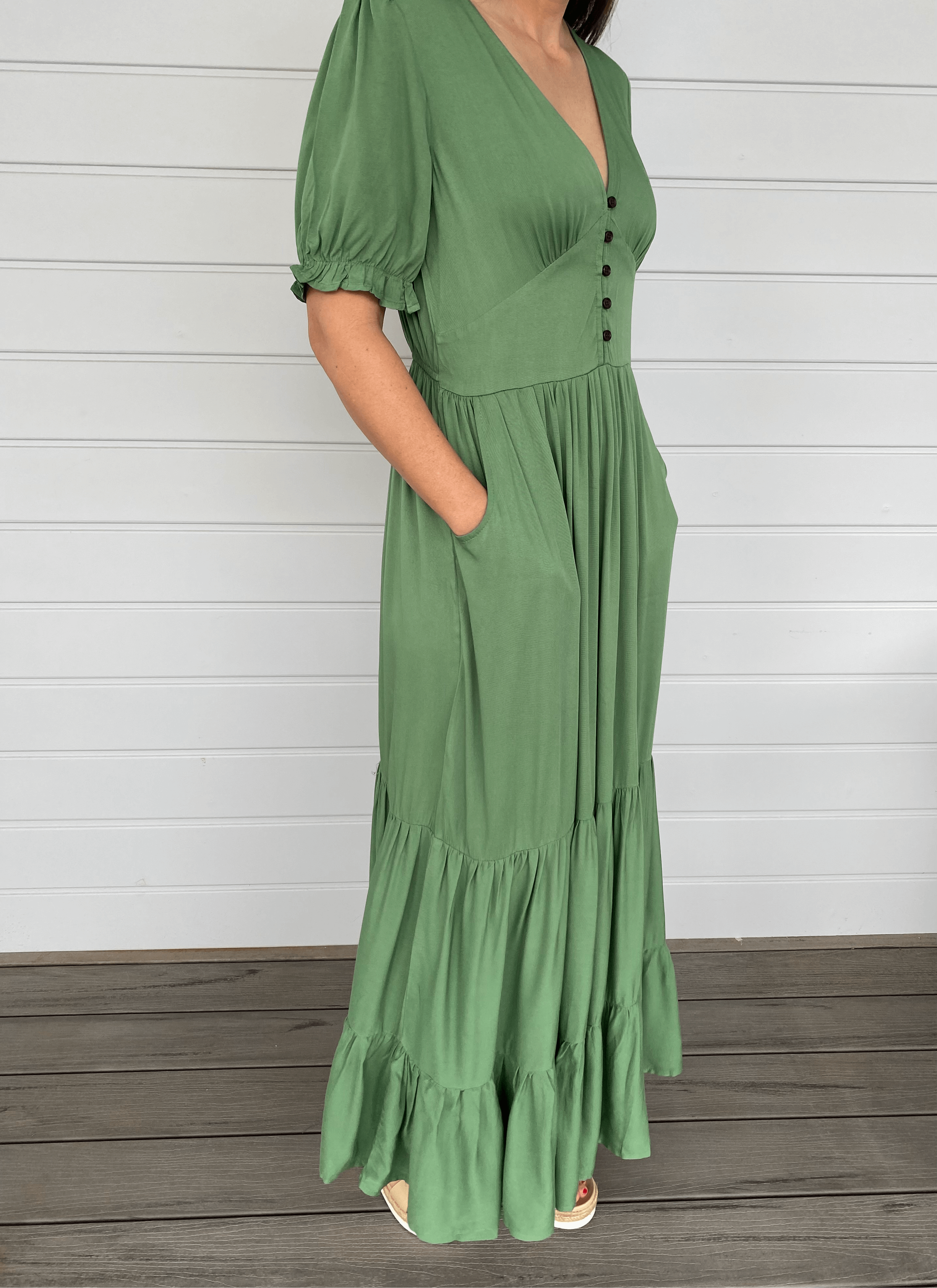 Green Olive Maxi Dress V Neck Pockets Sleeves Tired