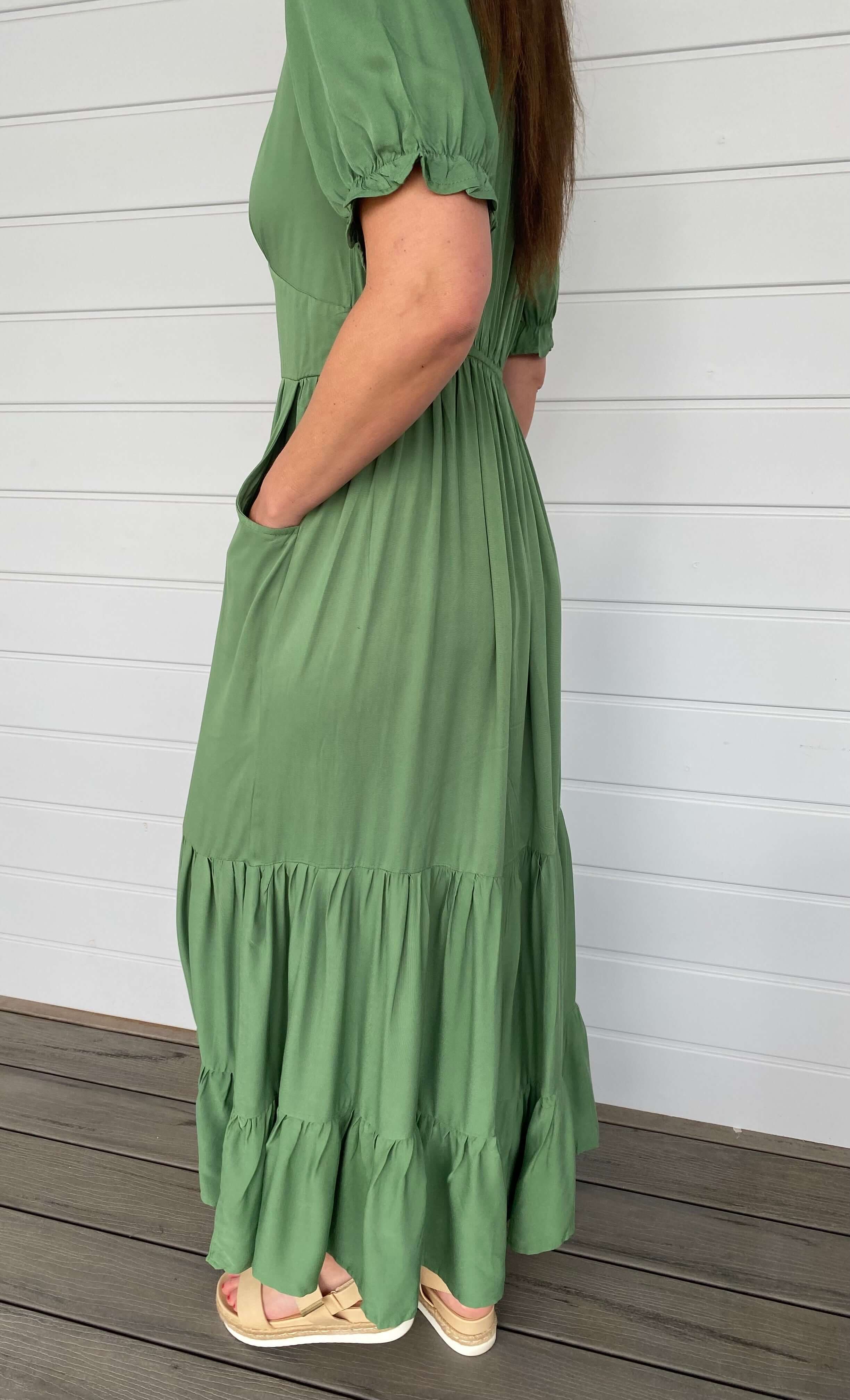 Green Olive Maxi Dress V Neck Pockets Sleeves Tired
