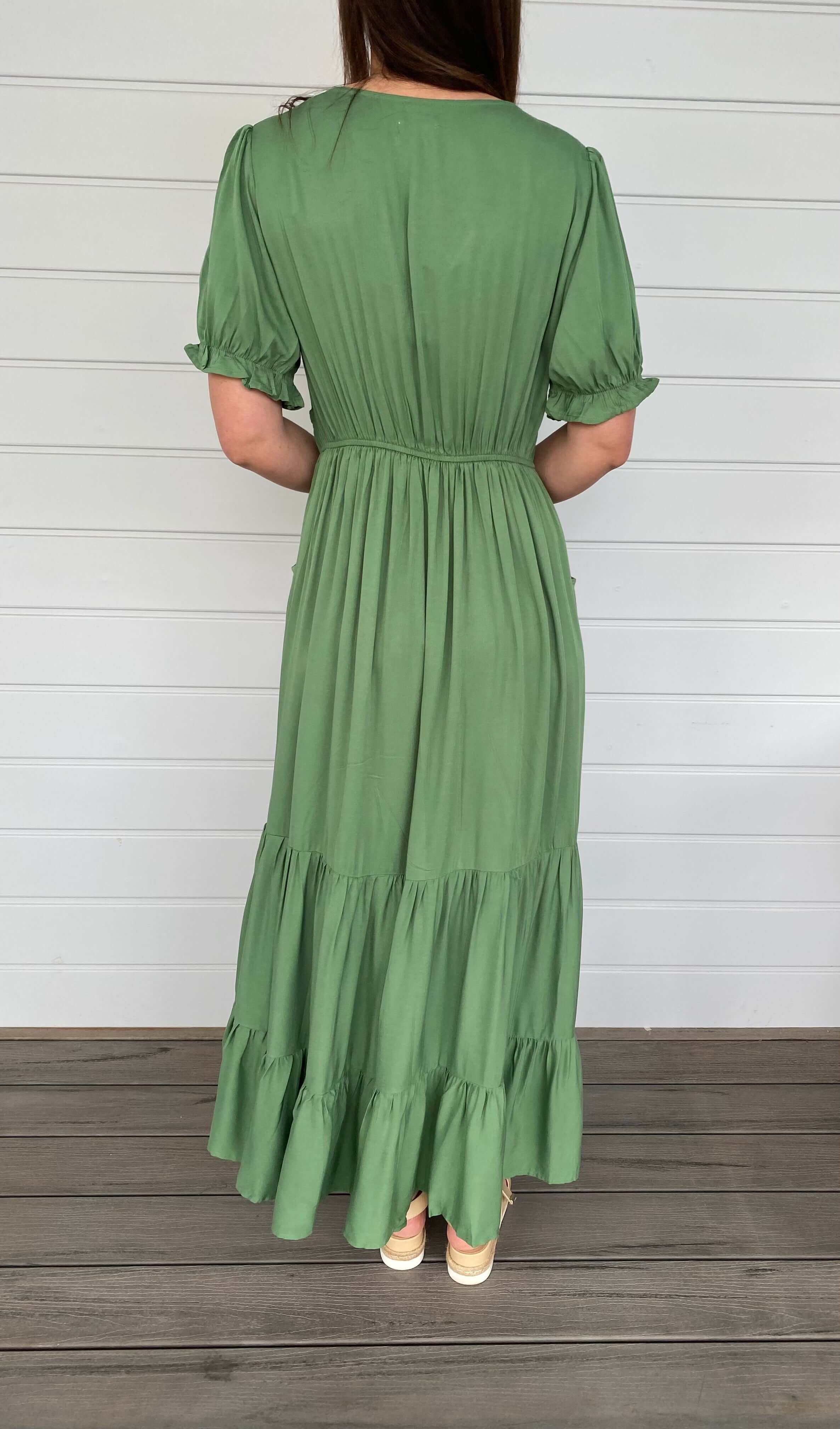 Green Olive Maxi Dress V Neck Pockets Sleeves Tired