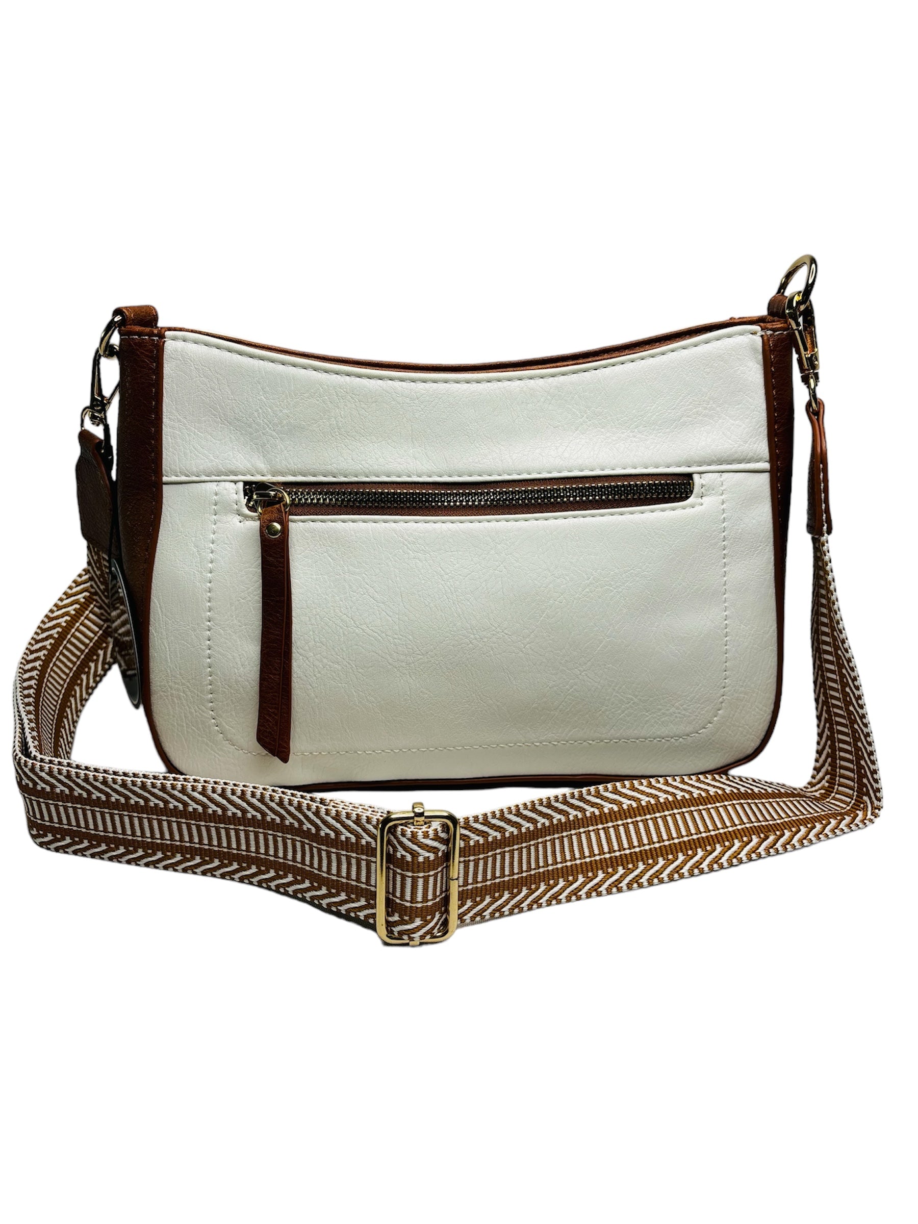 A stylish white and tan leather crossbody bag featuring a comfortable strap for easy carrying with a white background