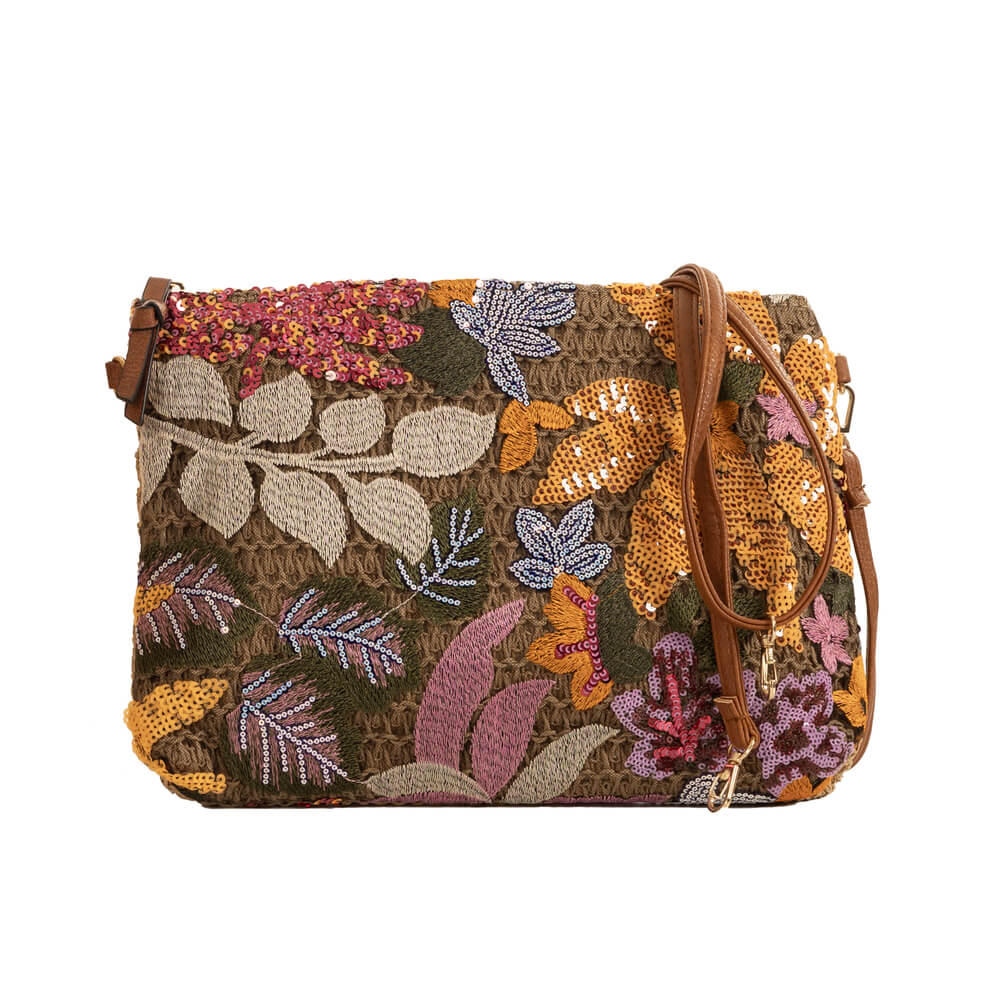 Orange and pink floral clutch against a white background