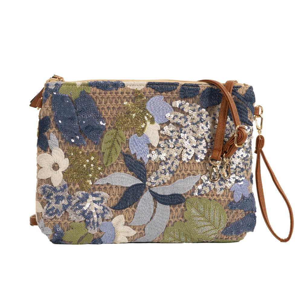 Green and blue floral clutch against white background