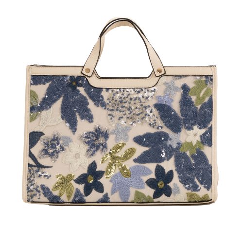 Blue and Green Floral Handbag against a white background