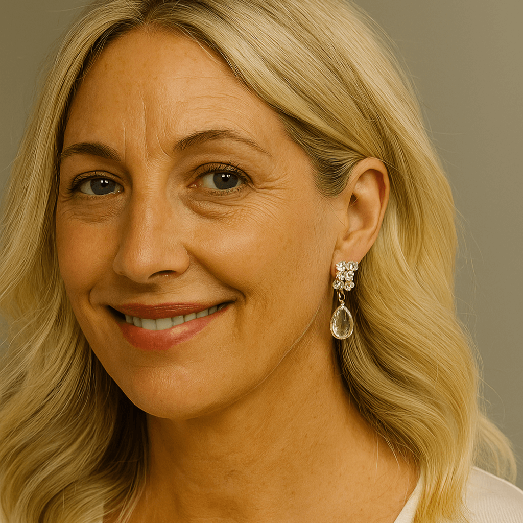lady with blonde hair and flower teardrop glass earring