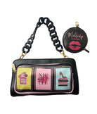 A stylish handbag featuring an artistic image of a woman makeup items, showcasing elegance and personal expression.