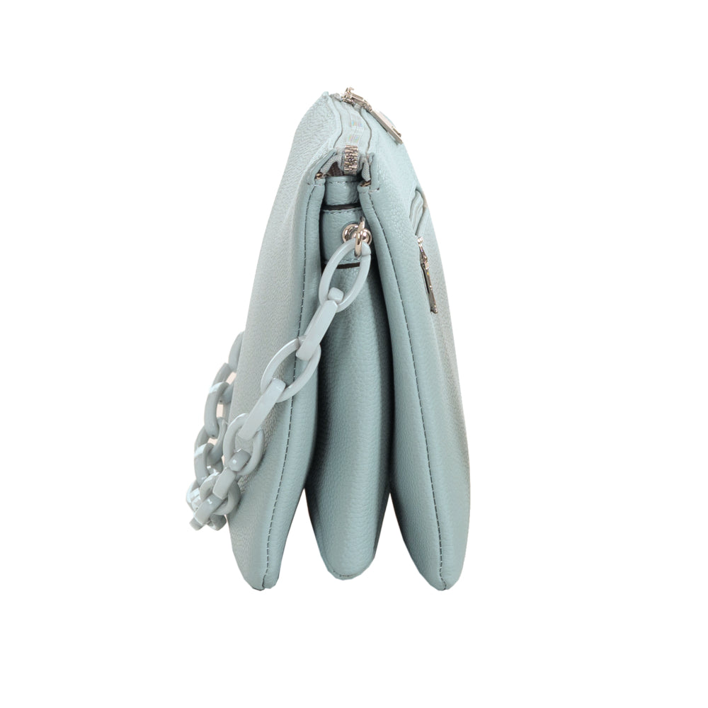 Side view of blue crossbody bag