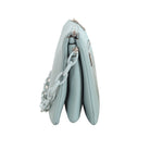 Side view of blue crossbody bag