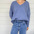 Blue soft knitwear oversized winter jumper V Neck Ribbed Sleeve