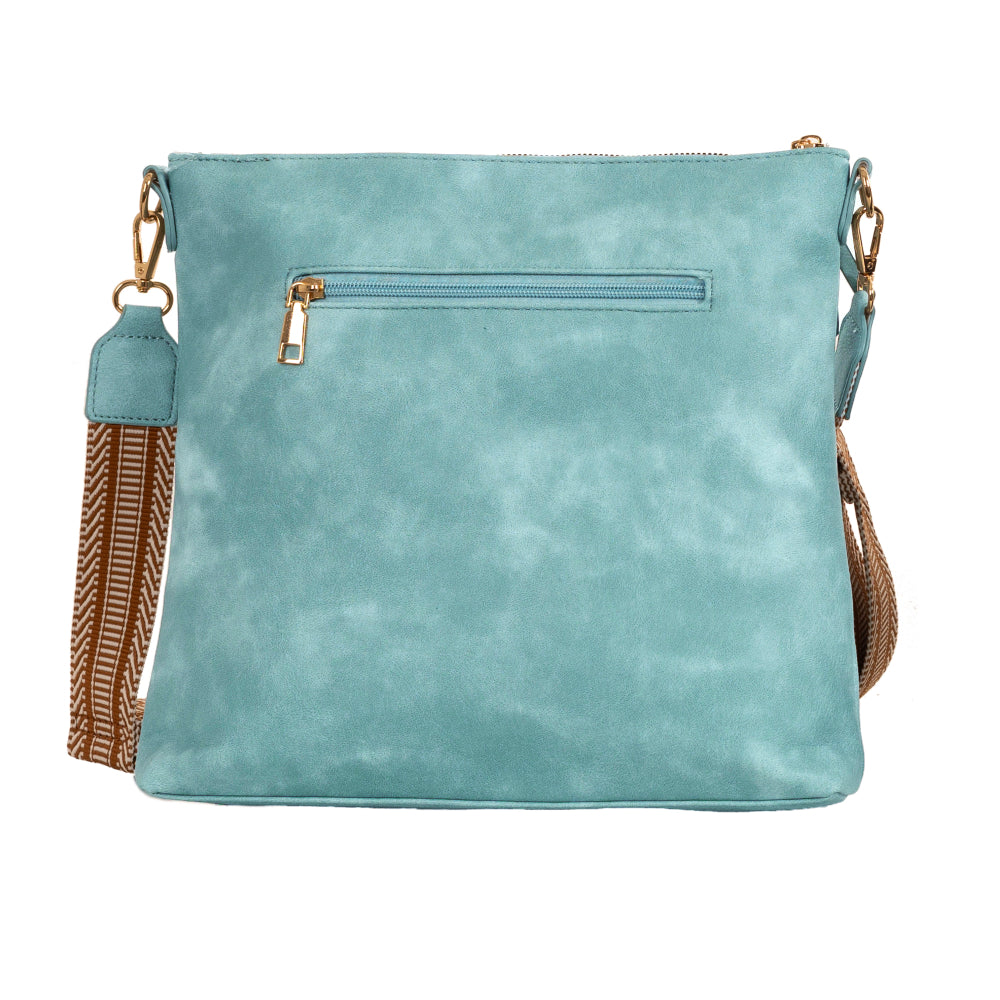 Blue handbag with brown strap