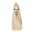 side view of cream leather tote bag