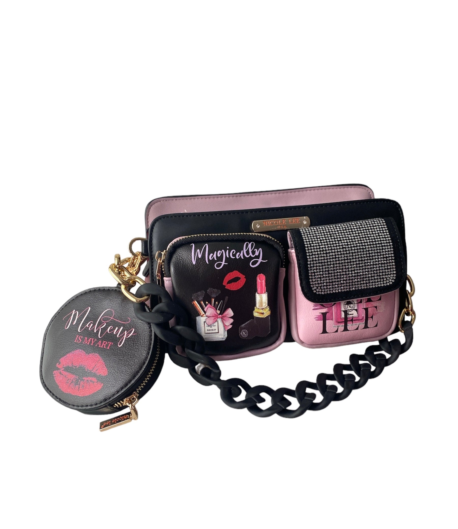A stylish handbag featuring an artistic image of a woman makeup items, showcasing elegance and personal expression.