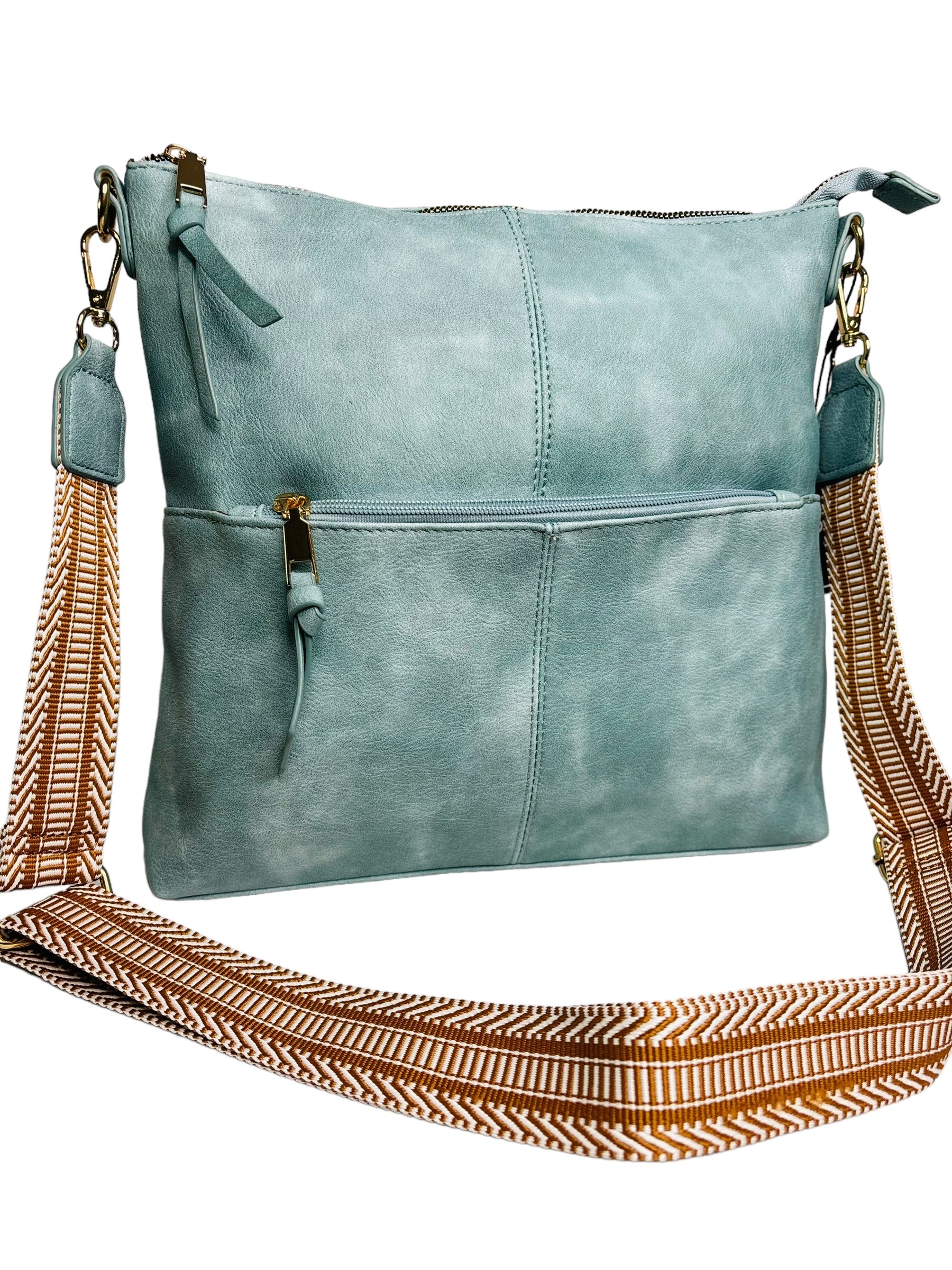 A sleek blue leather crossbody bag featuring a stylish strap for easy carrying. Perfect for everyday use!