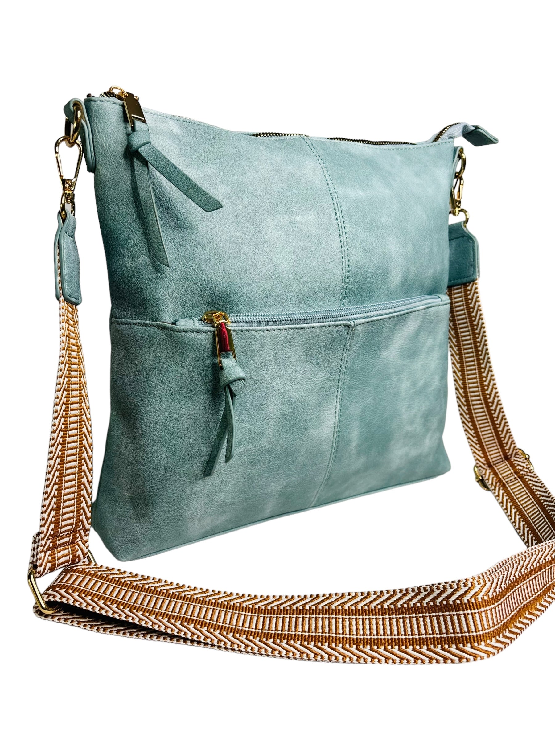 A sleek blue leather crossbody bag featuring a stylish strap for easy carrying. Perfect for everyday use!