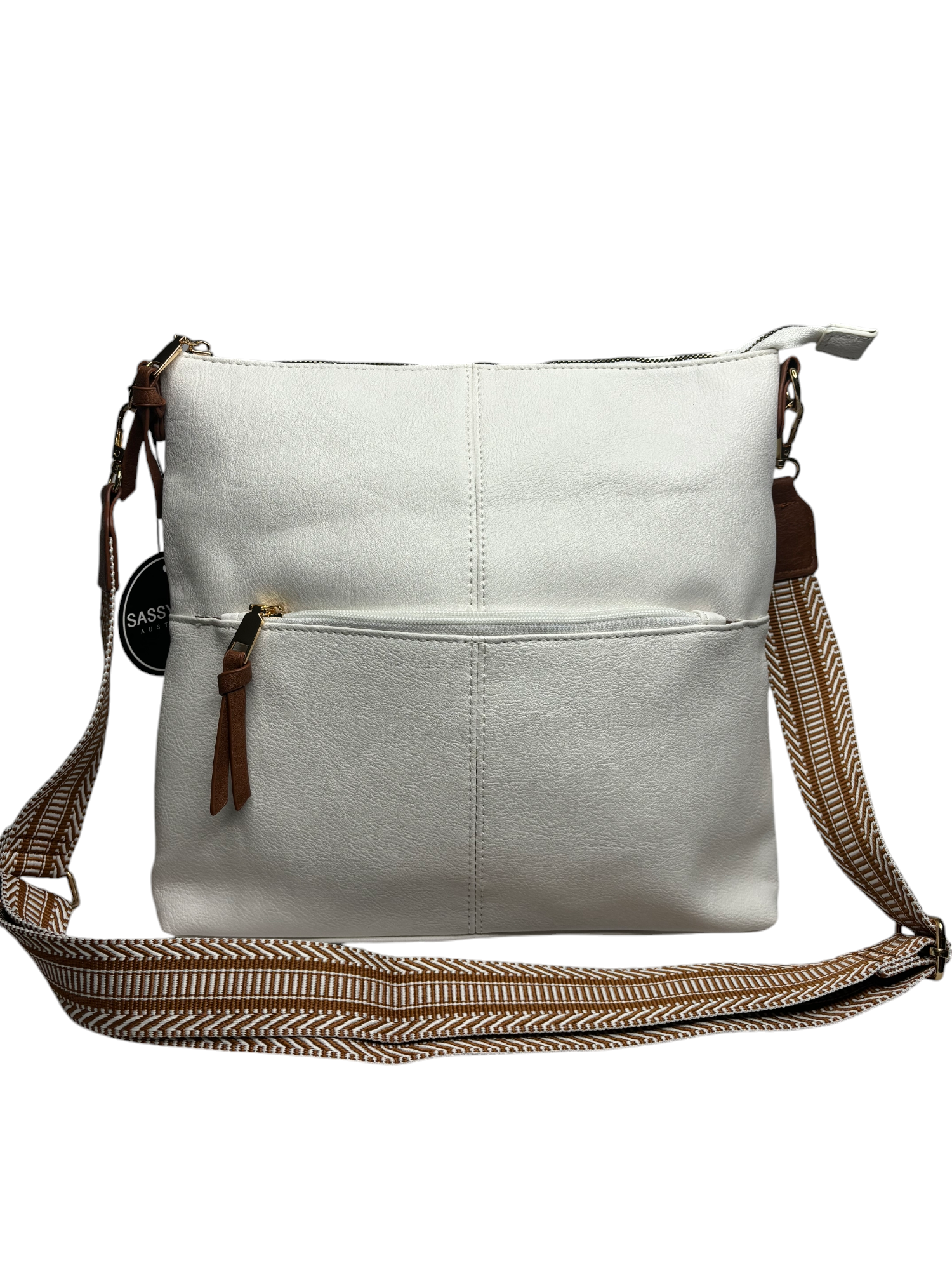 A sleek white leather crossbody bag featuring a stylish strap for easy carrying. Perfect for everyday use!