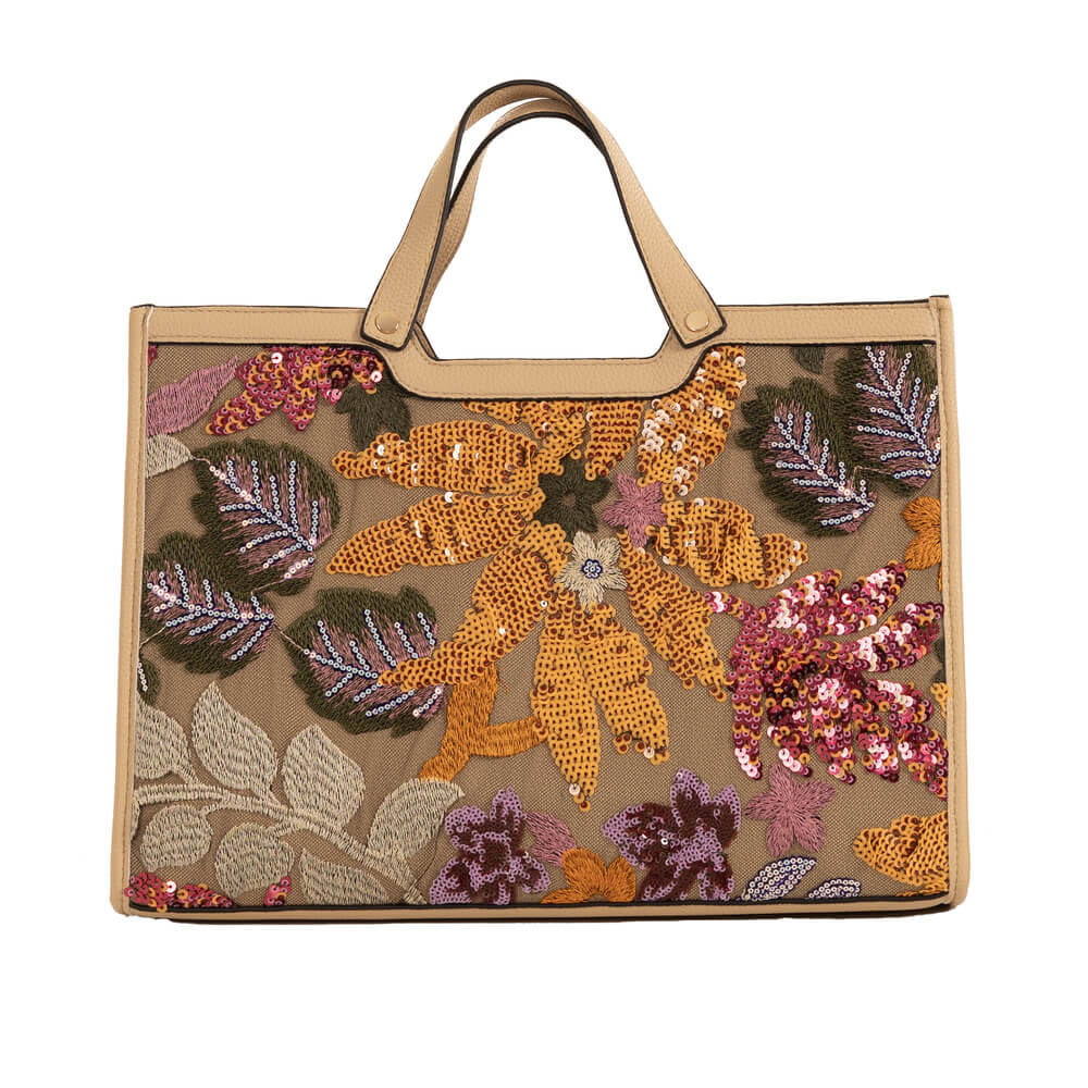 Orange and Pink Floral Handbag against a white background